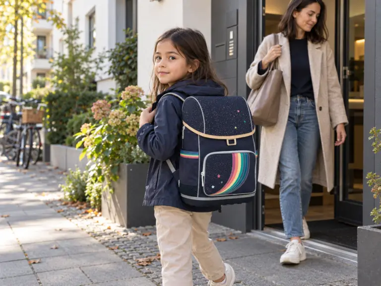 Mädchen mit Jeune Premier Ergomaxx Schulranzen vor einem urbanen Mehrfamilienhaus