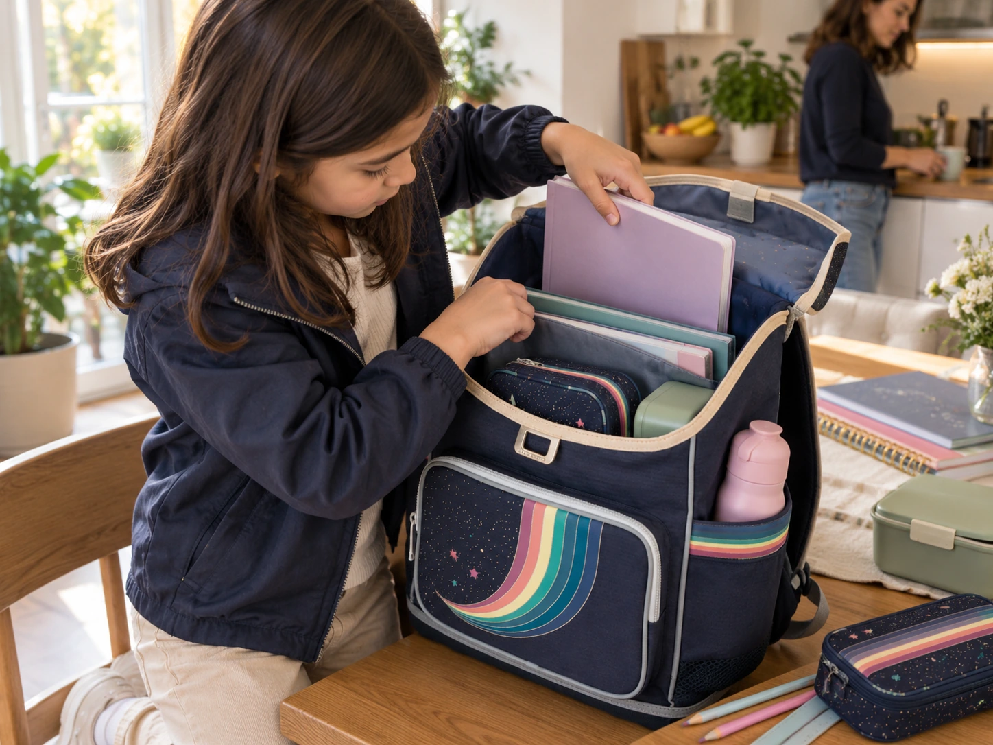 Mädchen packt Hefte und Schulmaterial in den geöffneten Jeune Premier Ergomaxx