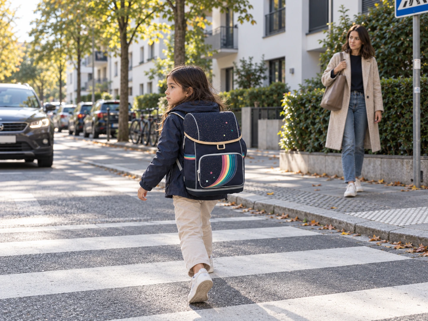 Mädchen mit Jeune Premier Ergomaxx Schulranzen überquert aufmerksam einen Zebrastreifen