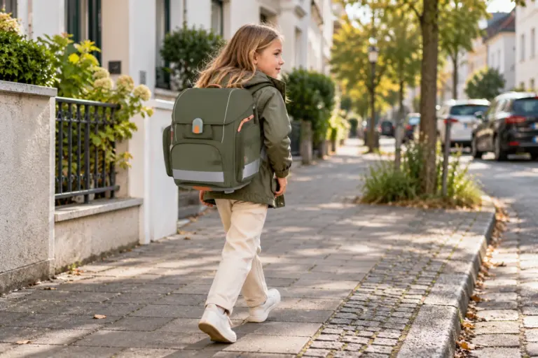 LÄSSIG Boxy Unique Schulranzen auf dem Schulweg in einer deutschen Kleinstadt