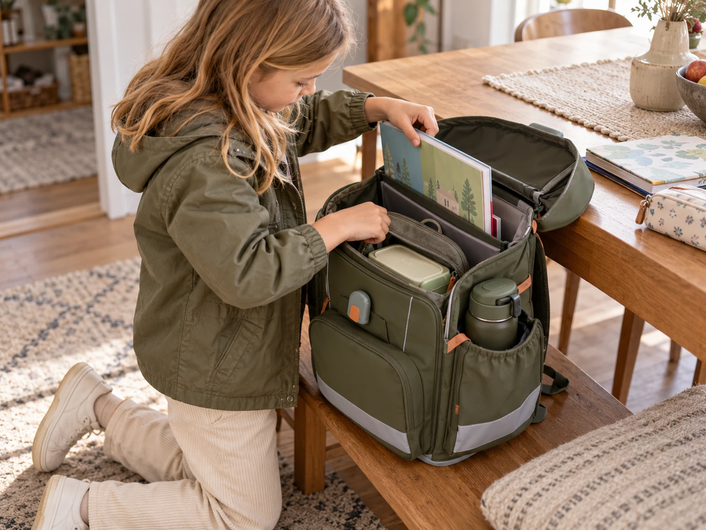 Kind packt Bücher, Brotdose und Trinkflasche in einen geöffneten Schulranzen