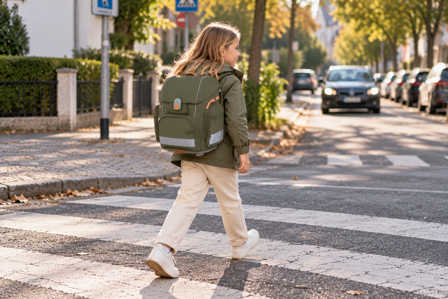Mädchen mit Schulranzen prüft den Verkehr an einer Kreuzung auf dem Schulweg
