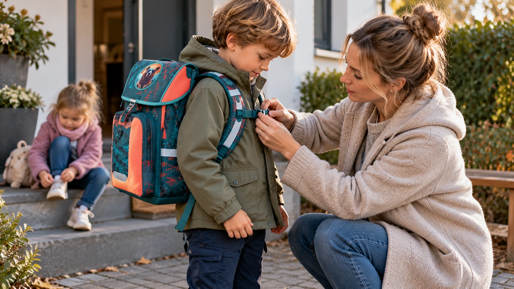Mutter stellt den Brustgurt eines Schulranzens bei einem Grundschulkind ein