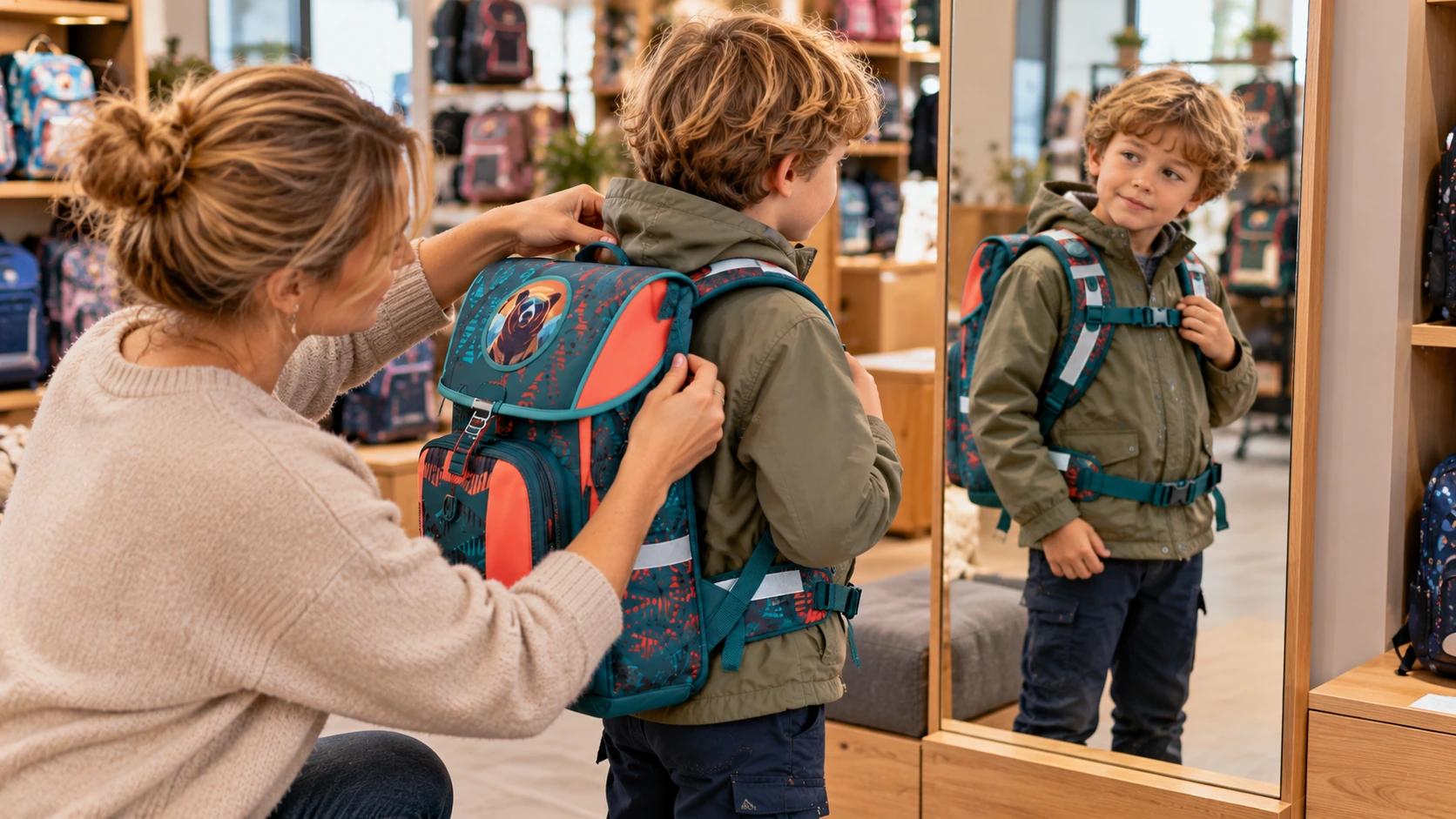 Schulranzen-Anprobe im Fachgeschäft mit Anpassung der Schultergurte