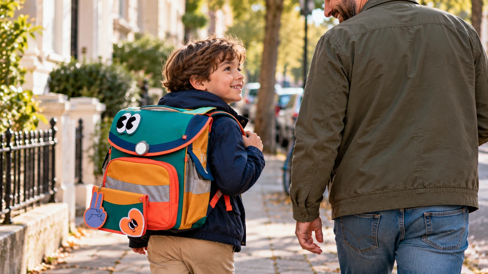 Vater und Sohn mit Schulranzen auf dem morgendlichen Schulweg