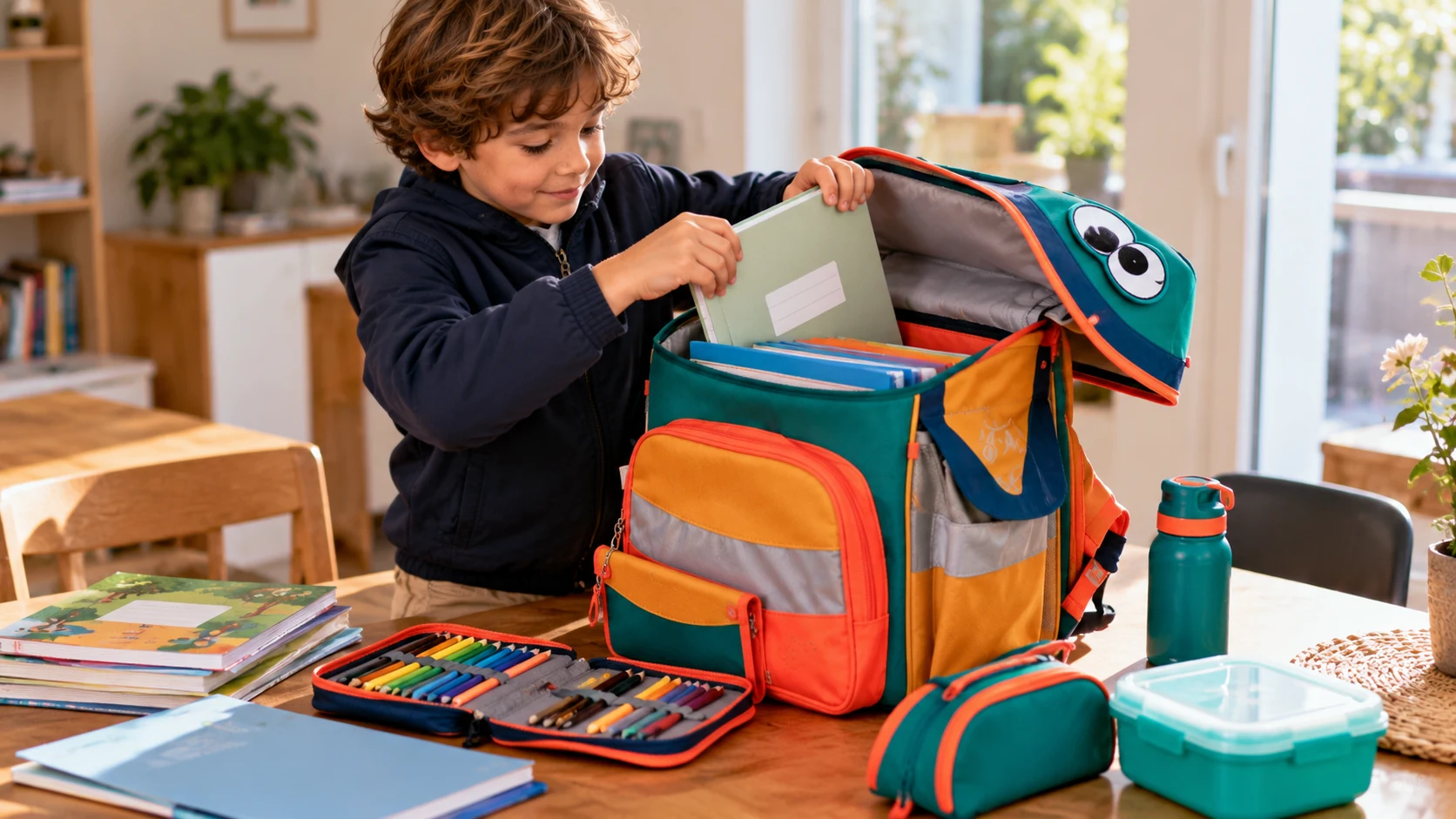 Kind packt Hefte und Schulmaterial in einen geöffneten Schulranzen
