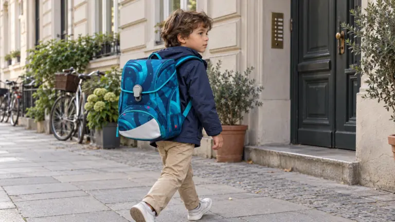 Junge mit blauem Scout Alpha Schulranzen auf dem Schulweg in einer Altstadt