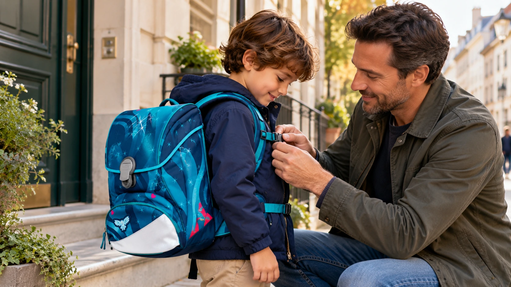 Vater stellt bei einem Jungen die Gurte des Scout Alpha Schulranzens ein