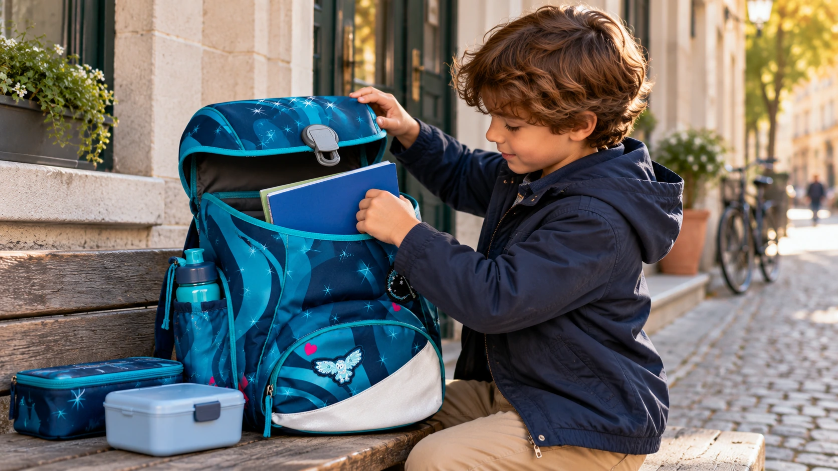 Junge packt Schulhefte in einen geöffneten Scout Alpha Schulranzen