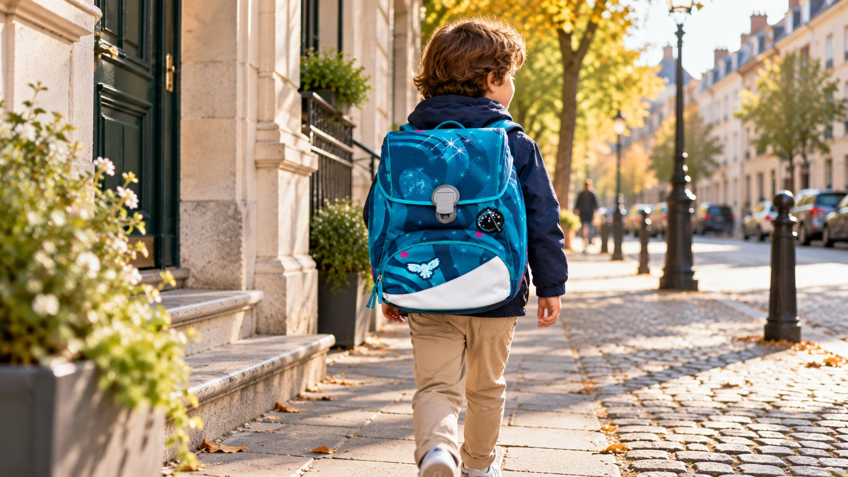 Junge mit Scout Alpha Schulranzen von hinten auf dem Schulweg