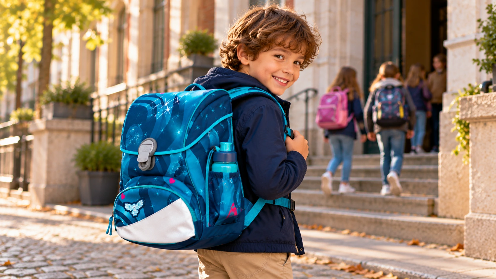 Junge mit blauem Scout Alpha Schulranzen vor einem Schulgebäude