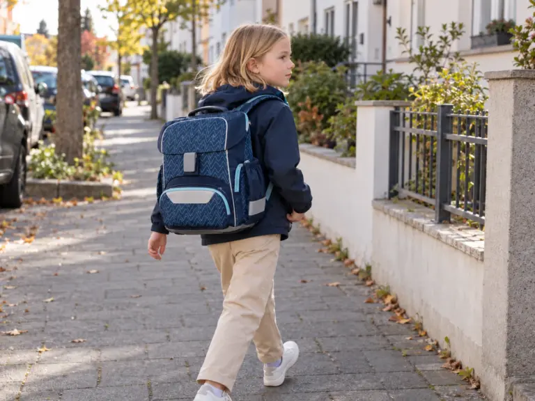 Junge mit dunkelblauem Step by Step BASIS Schulranzen auf dem Schulweg