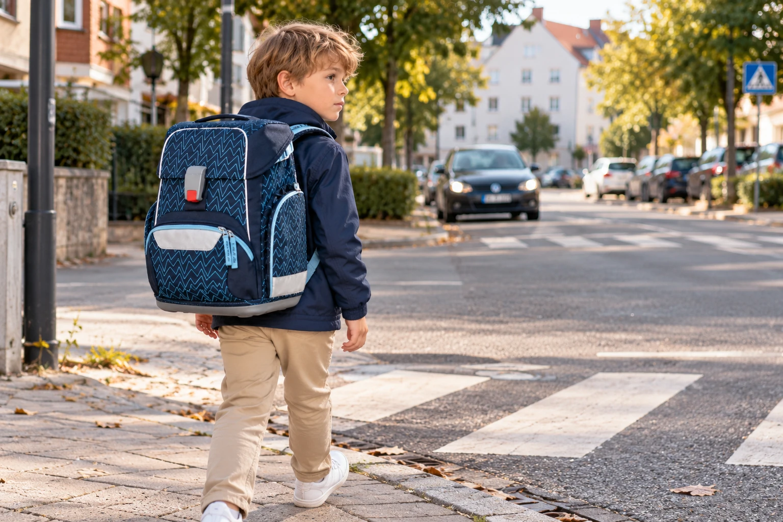 Junge mit Step by Step BASIS Schulranzen an einer Straßenkreuzung