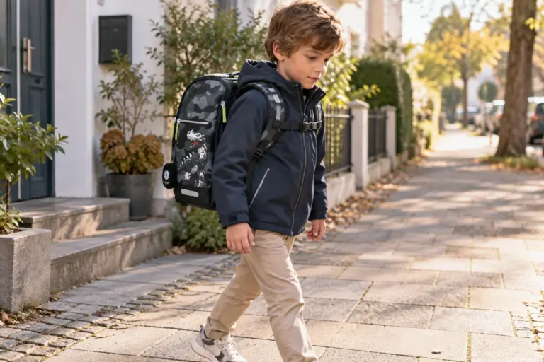 Junge mit Beckmann Active Air FLX Schulranzen auf dem Schulweg in einer europäischen Altstadt