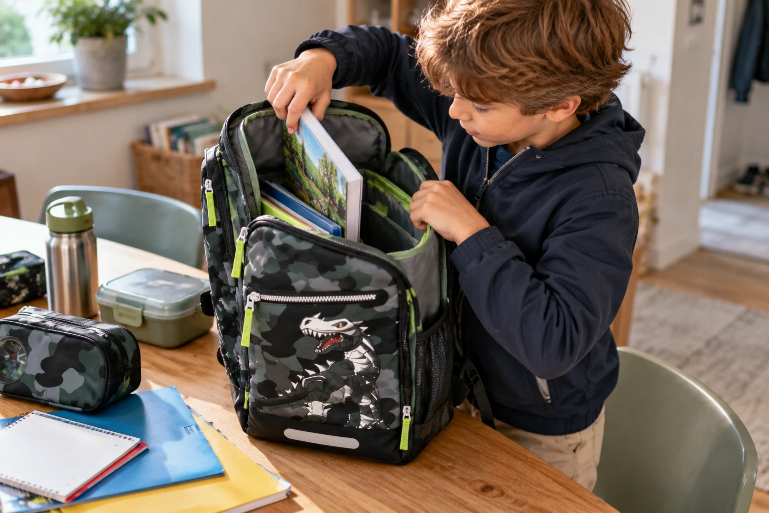 Kind packt Bücher in einen Beckmann Active Air FLX Schulranzen