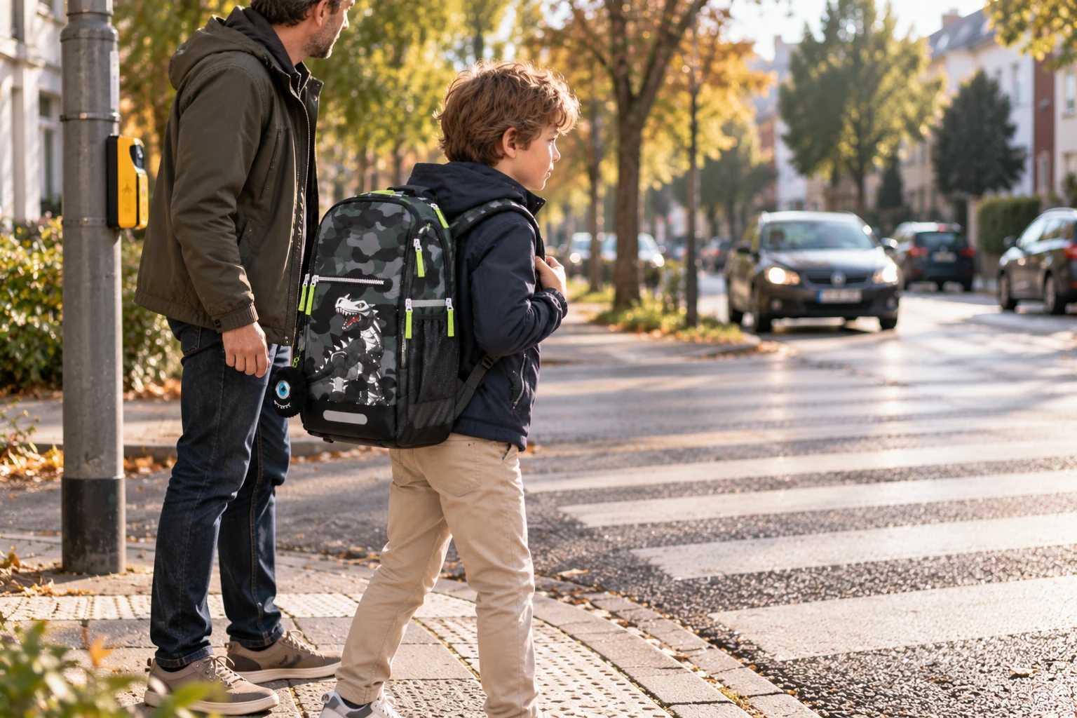 Junge mit Beckmann Active Air FLX Schulranzen wartet mit seinem Vater am Straßenrand