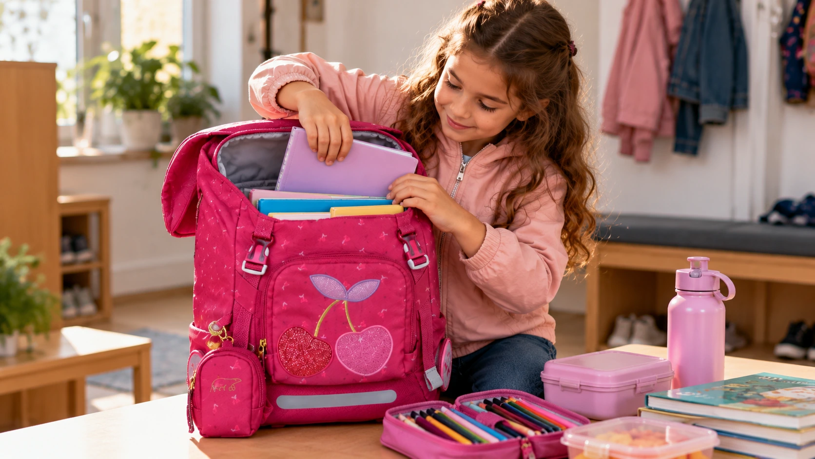 Mädchen packt Schulhefte und A4-Mappe in einen geöffneten pinken Schulranzen