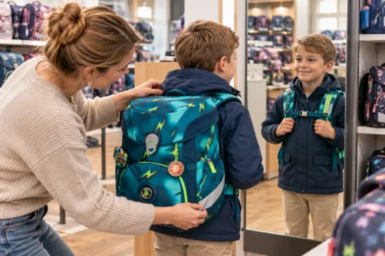 Kind bei der Schulranzen-Anprobe im Fachgeschäft mit Kontrolle der Passform