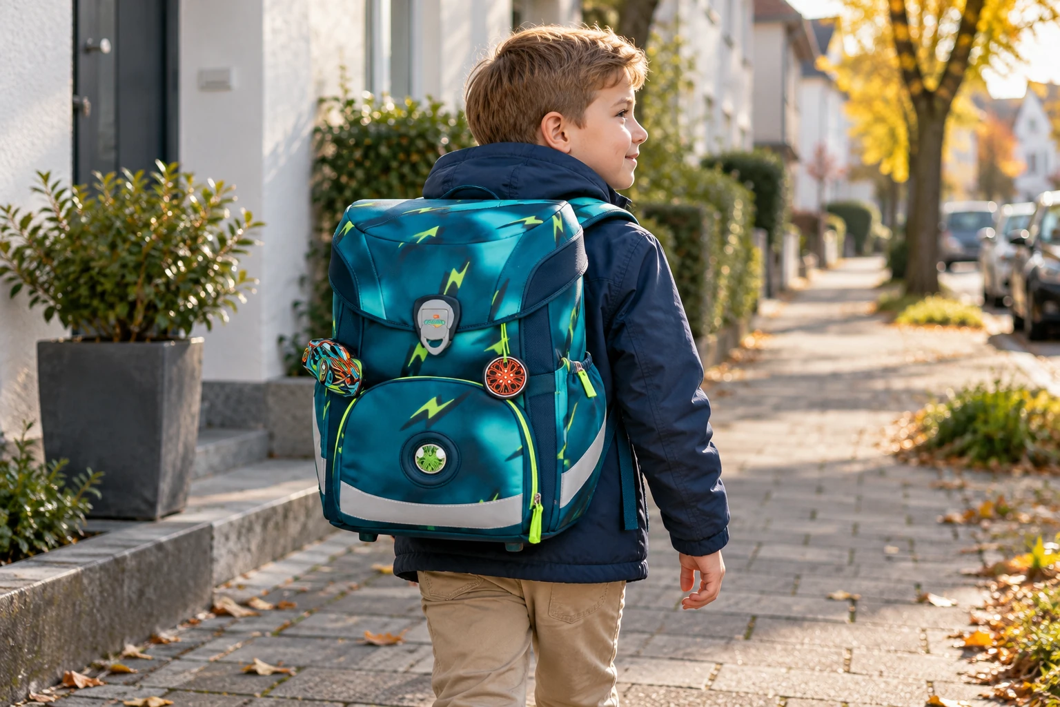 Grundschulkind mit Schulranzen auf dem Weg durch eine ruhige Wohnstraße