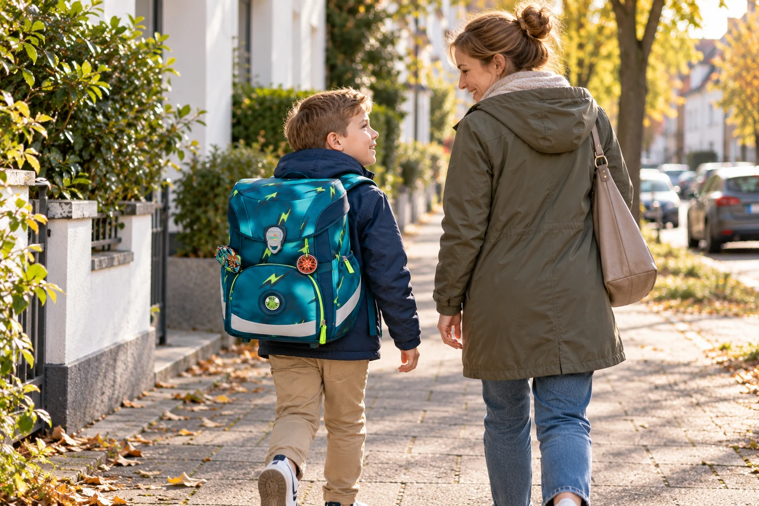 Grundschulkind mit Schulranzen gemeinsam mit seiner Mutter auf dem Schulweg