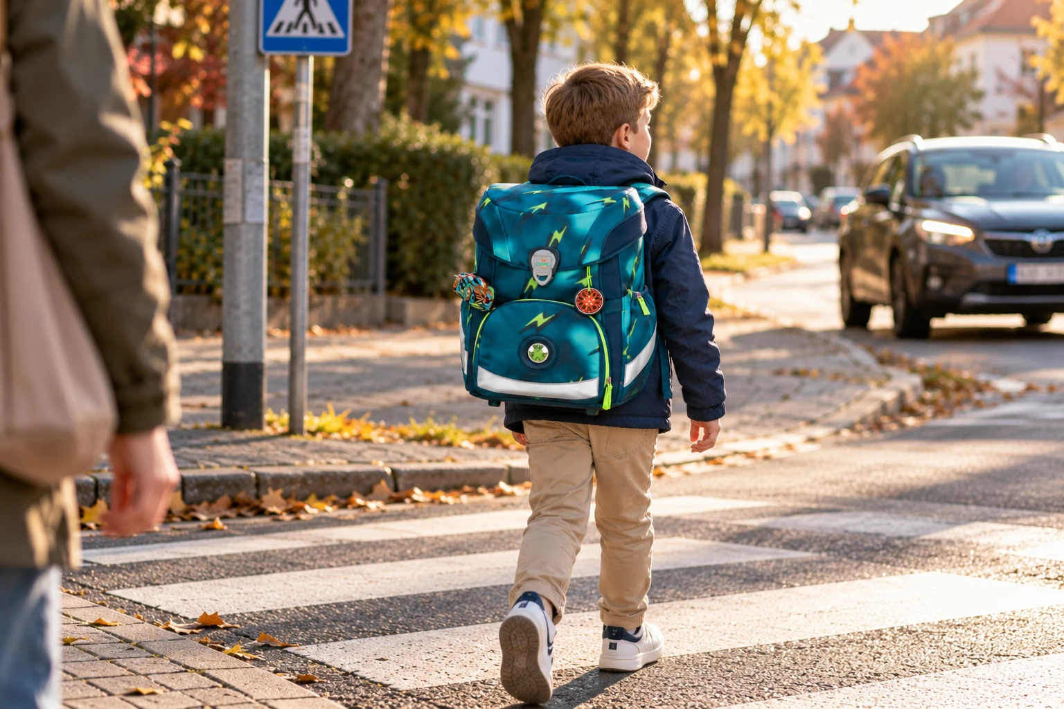 Schulkind mit Schulranzen unterwegs auf einem sicheren Schulweg