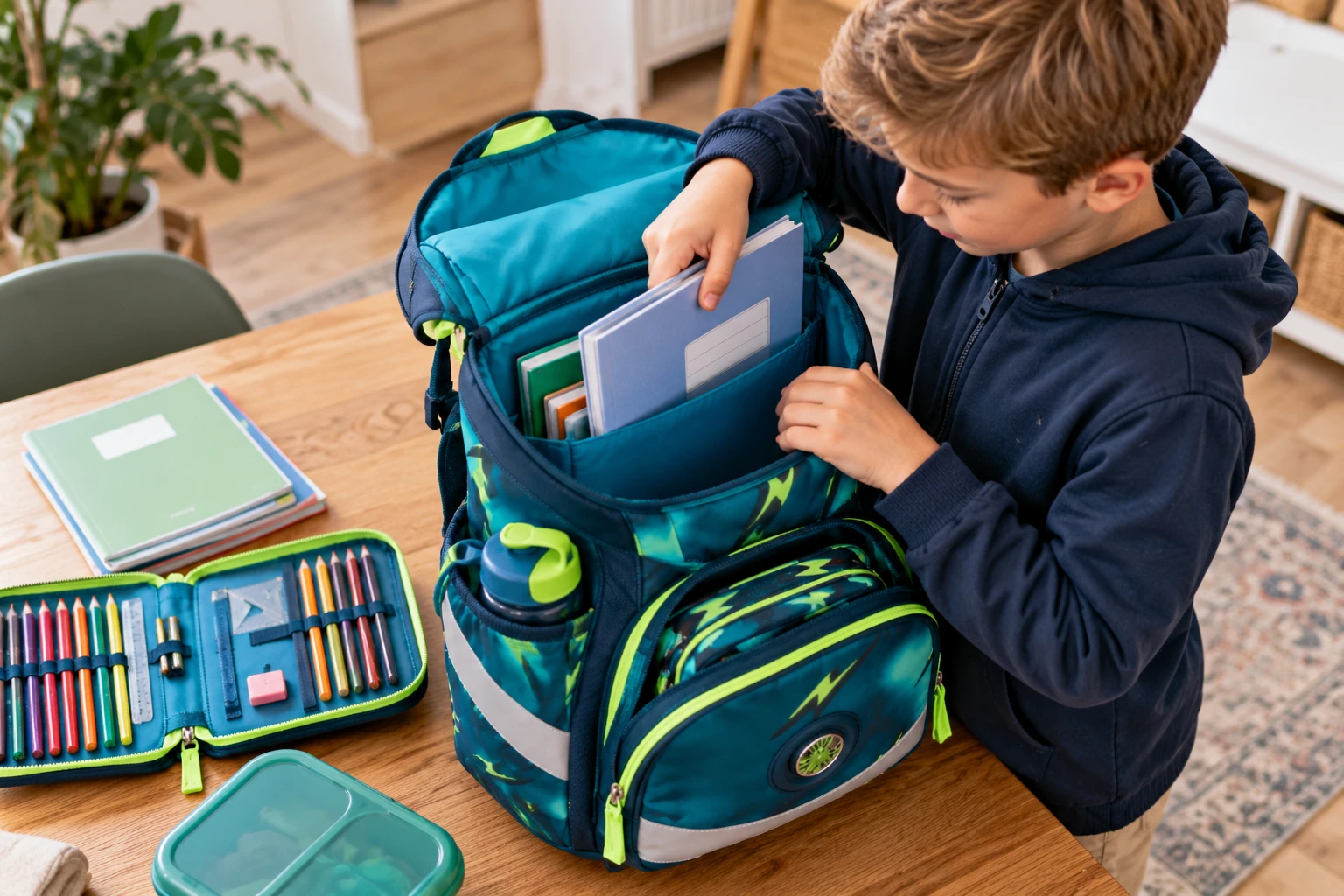 Kind packt Schulhefte, Brotdose und Trinkflasche in einen geöffneten Schulranzen
