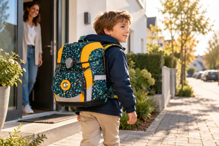 Mädchen mit kompaktem Schulranzen auf dem morgendlichen Schulweg in einer deutschen Vorstadt