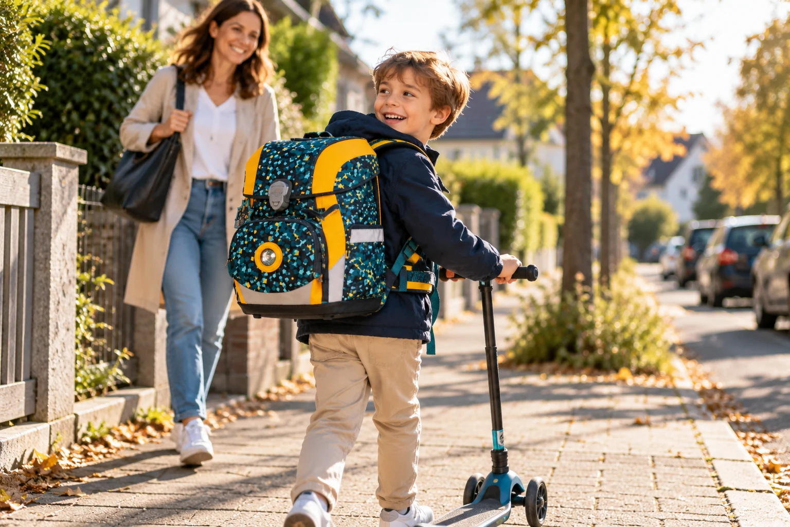 Grundschulkind mit Schulranzen und Roller auf dem Gehweg mit Vater im Hintergrund