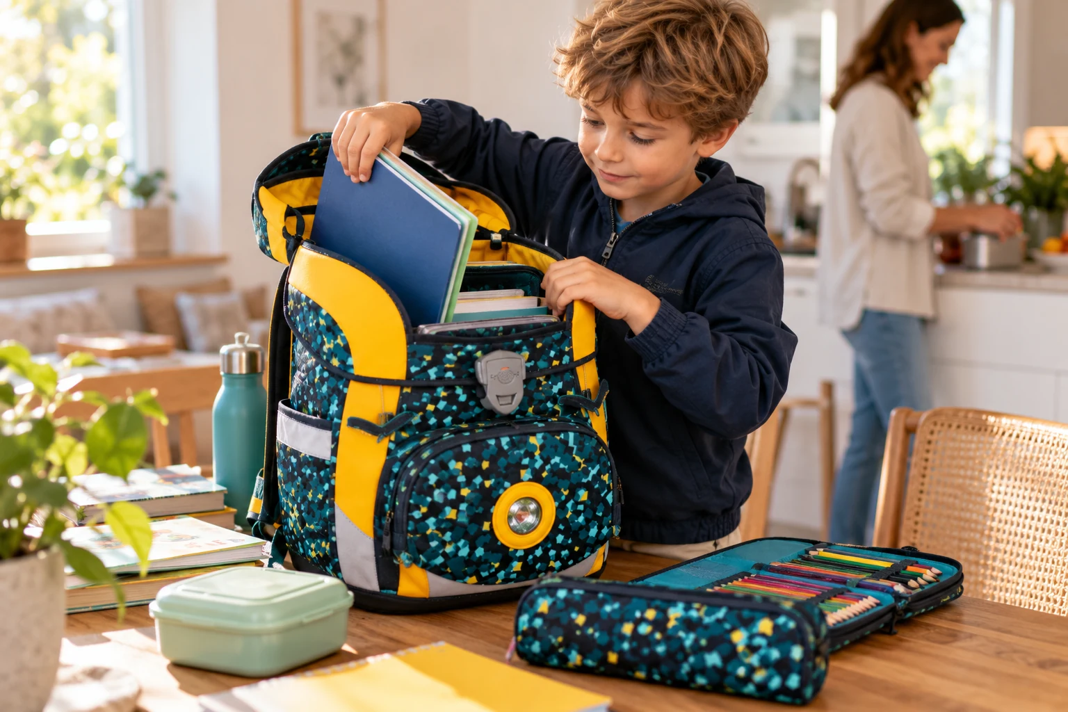 Kind packt Hefte, Mappe, Brotdose und Trinkflasche in einen geöffneten Schulranzen