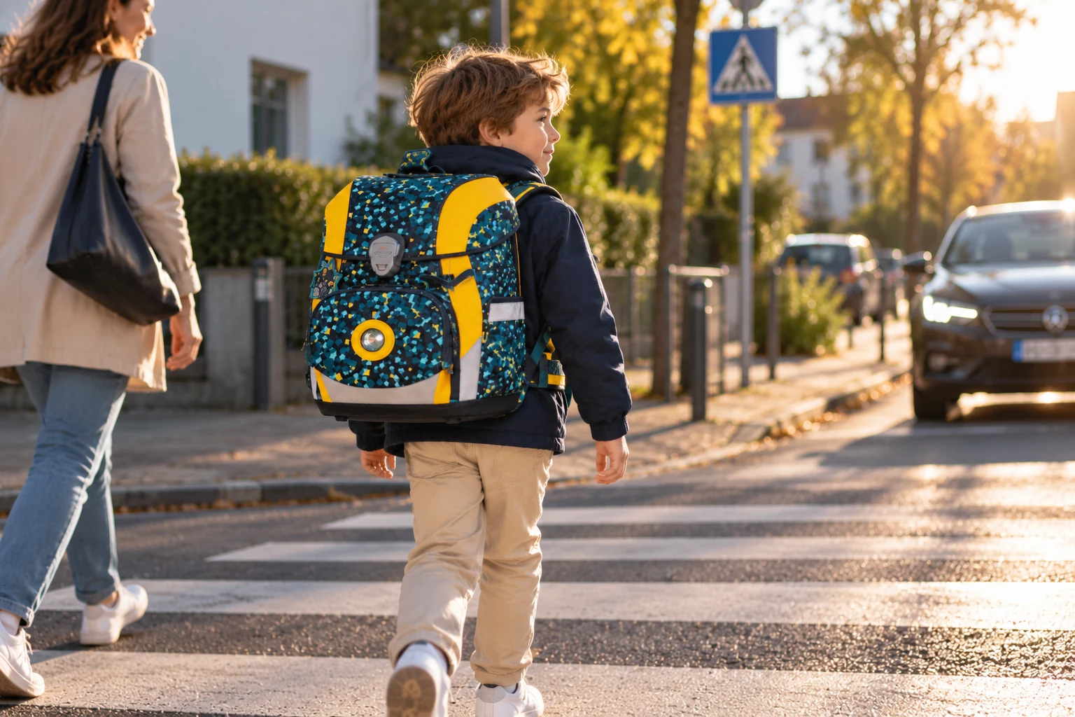 Mädchen mit reflektierendem Schulranzen auf dem Gehweg vor einer Straßenquerung