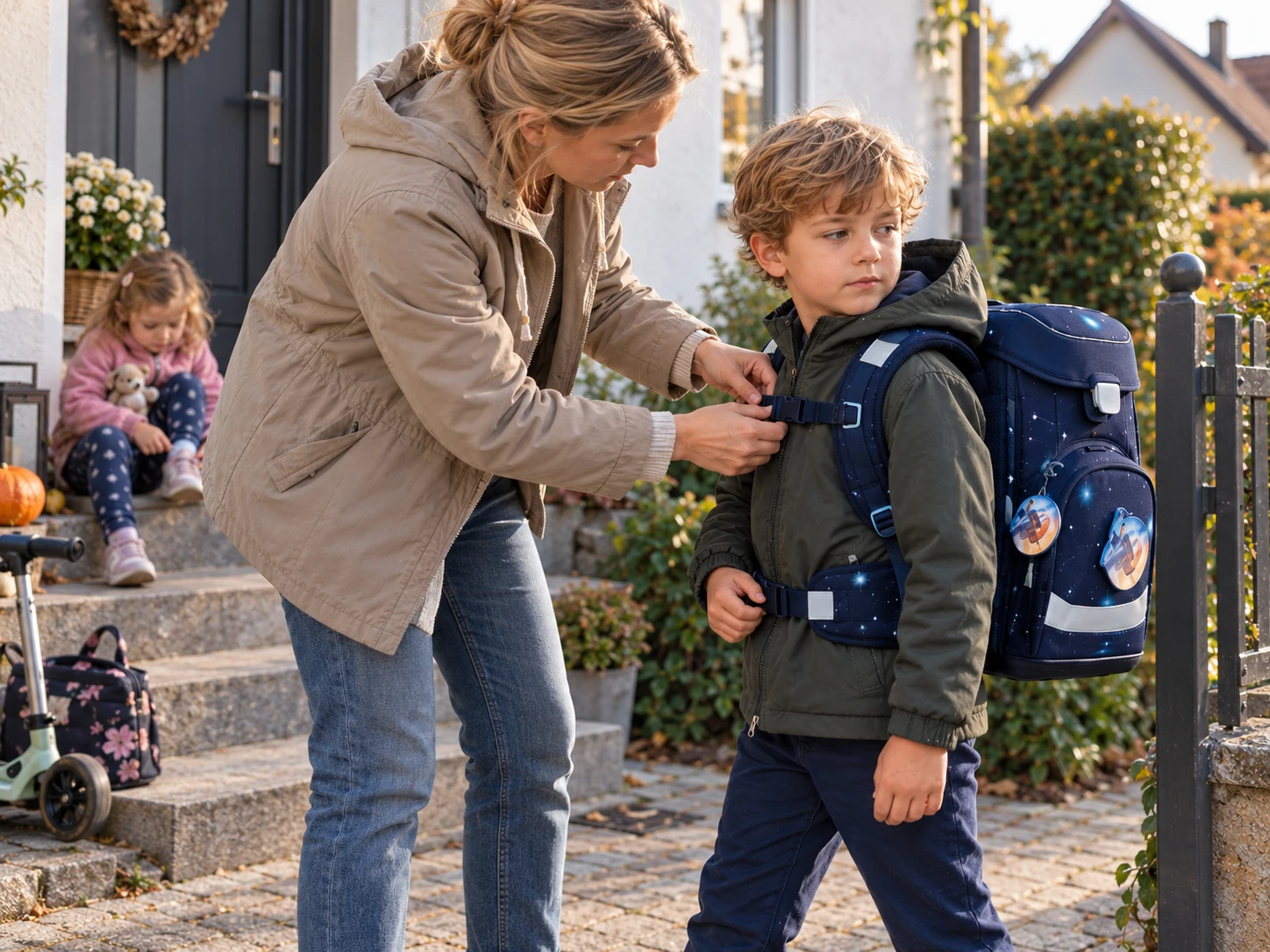 Mutter kontrolliert den Brustgurt eines Schulranzens – ergobag cubo Passform