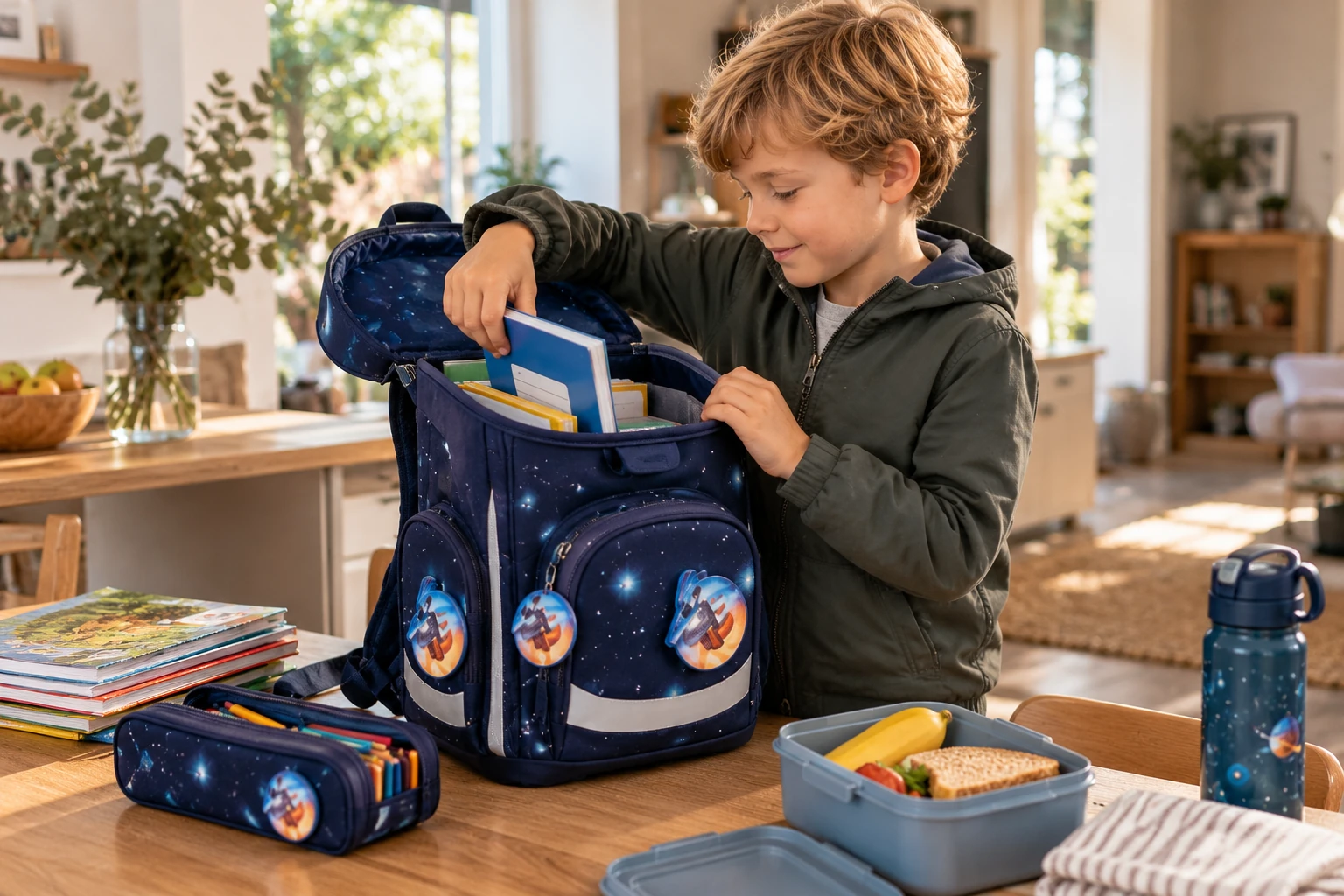 Kind packt Bücher in einen geöffneten Schulranzen – ergobag cubo Stauraum