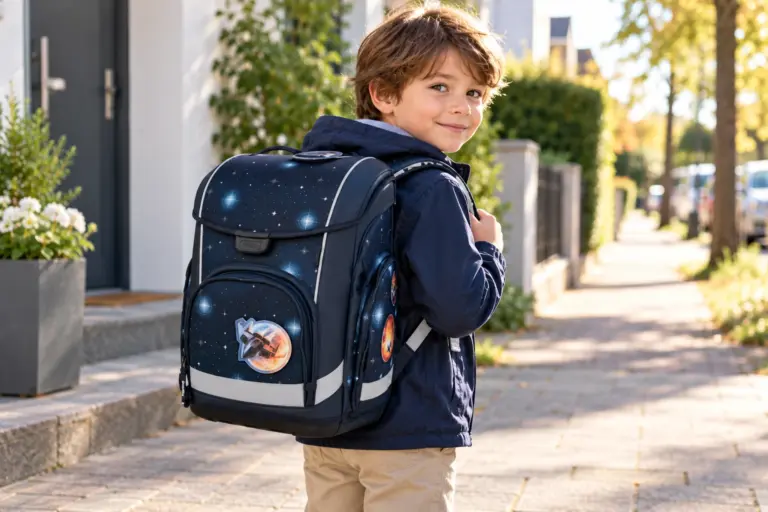 ergobag cubo light 2026 – Grundschulkind mit kompaktem Schulranzen im urbanen Familienalltag