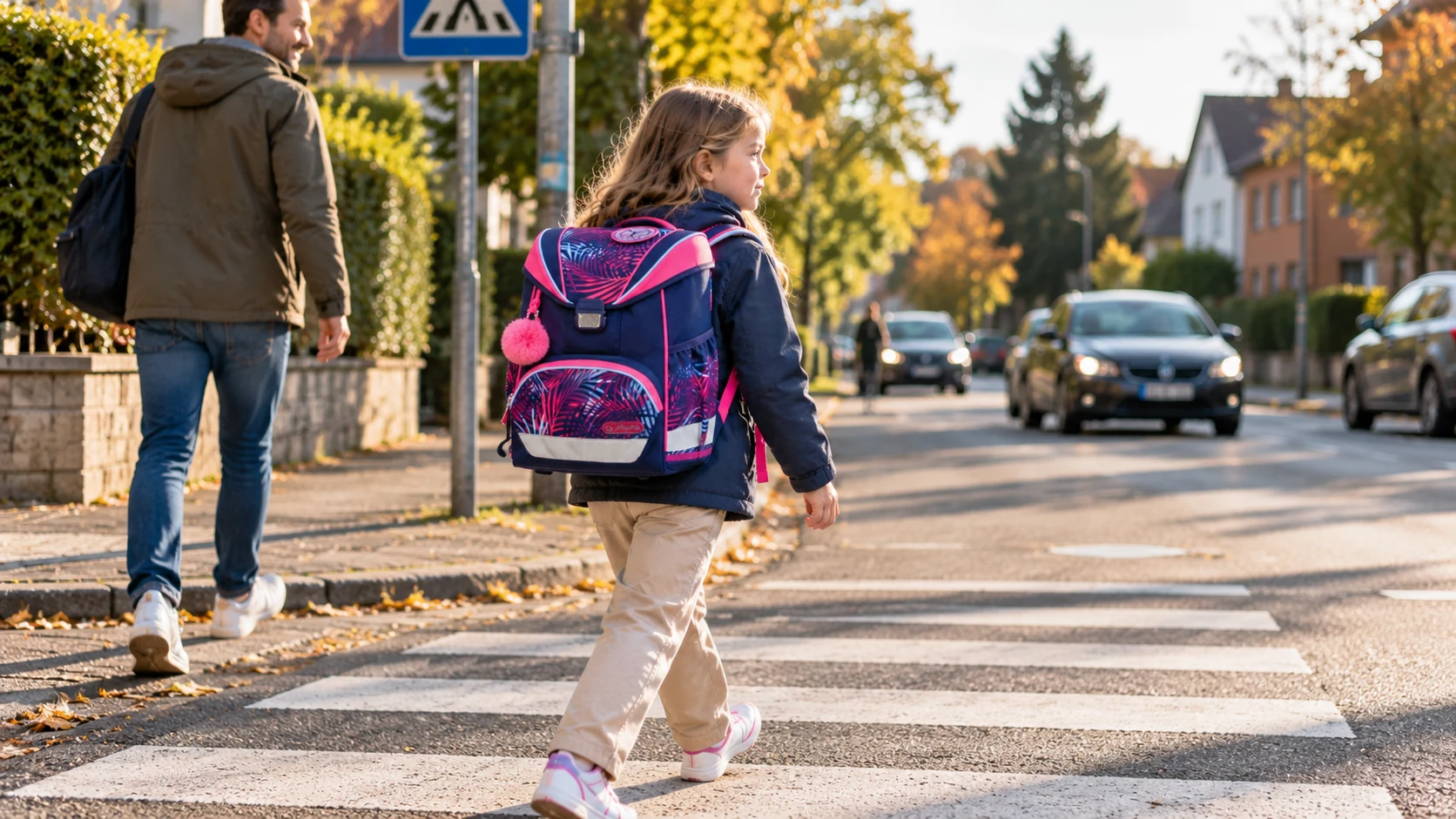 Herlitz UltraLight Schulweg – Kind mit Schulranzen an einer Straßenquerung
