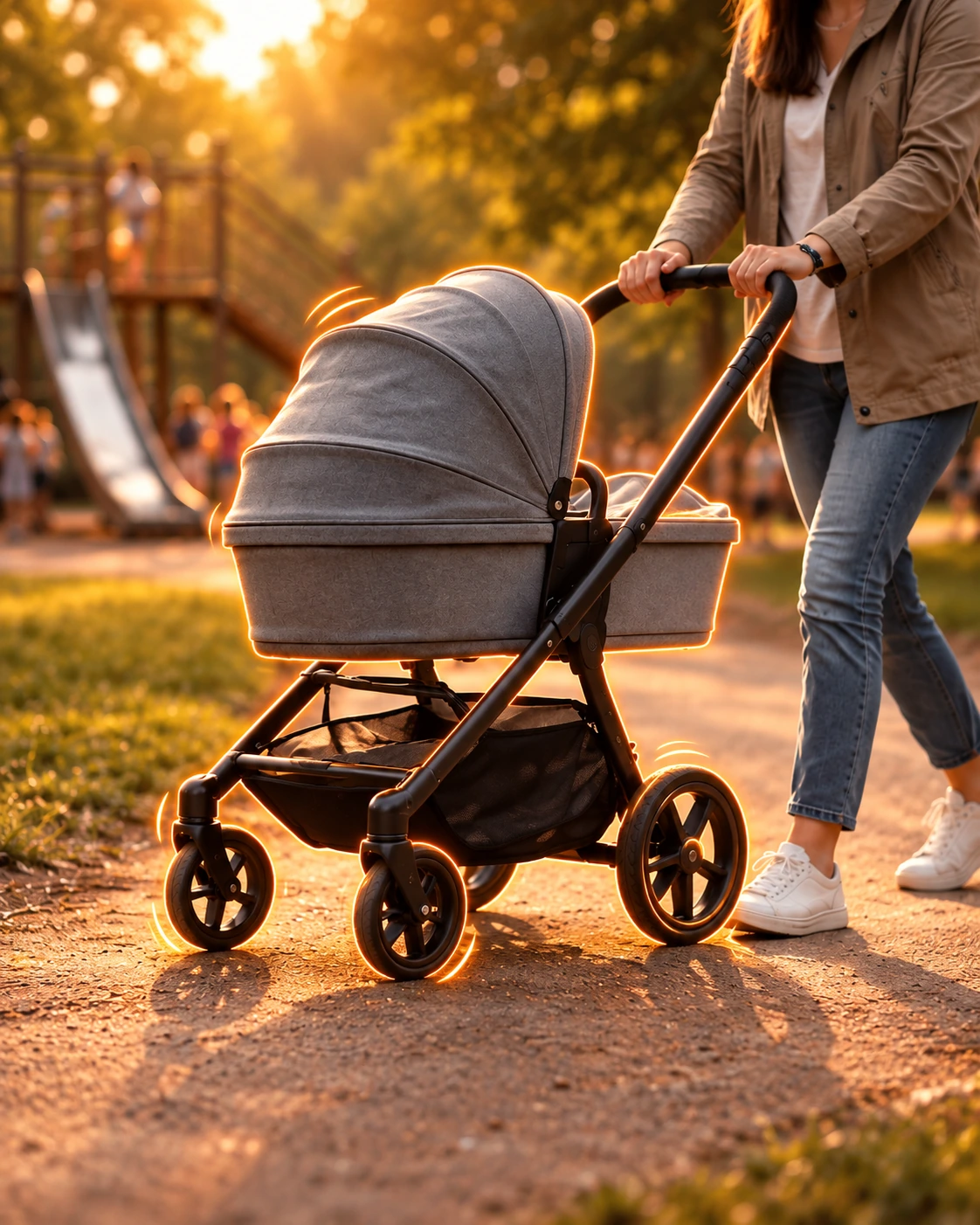 Moderner Kinderwagen auf einem Gehweg in einer familienfreundlichen Wohngegend