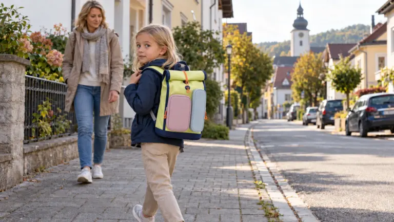Mädchen mit KWIO BAGG ähnlichem Schulrucksack auf dem Schulweg in einer Kleinstadt