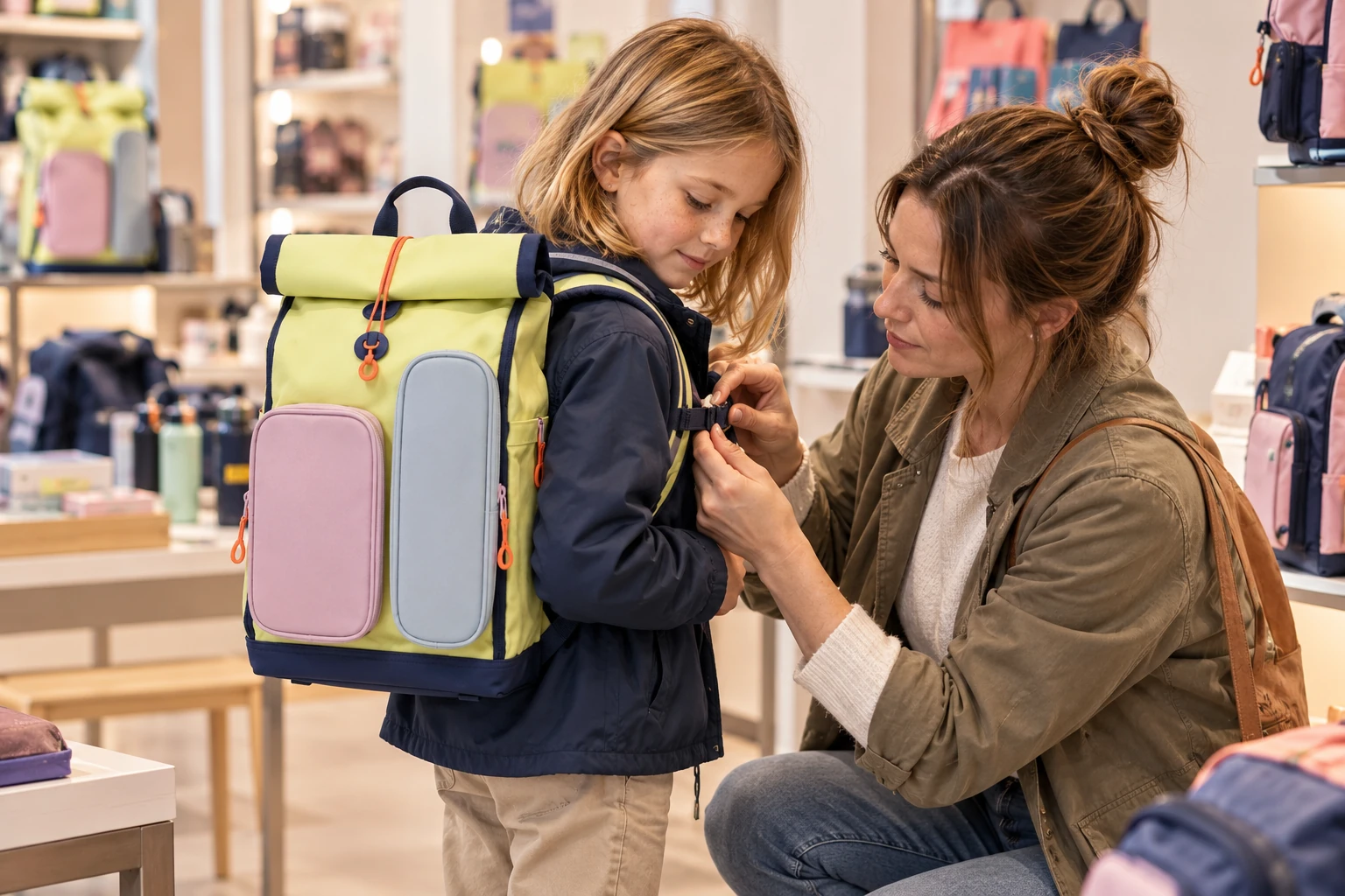 Schulranzen-Anprobe mit KWIO BAGG ähnlichem Schulrucksack im Fachgeschäft