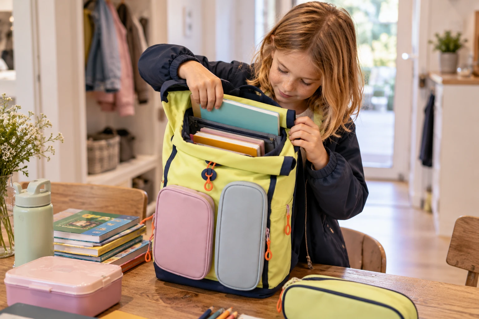 Geöffneter KWIO BAGG ähnlicher Schulrucksack mit Büchern, Heften und Brotdose