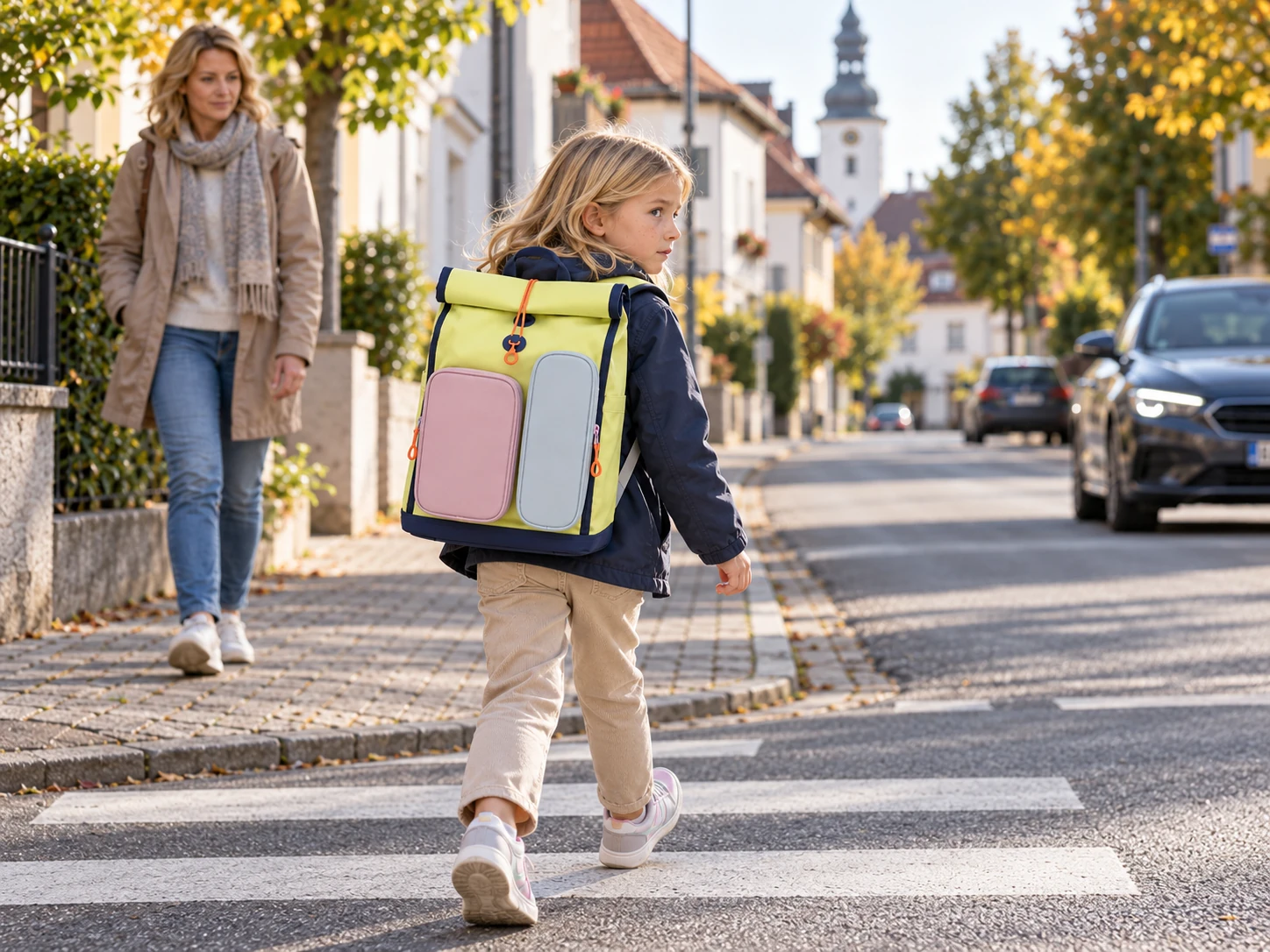 Mädchen mit KWIO BAGG ähnlichem Schulrucksack am Zebrastreifen