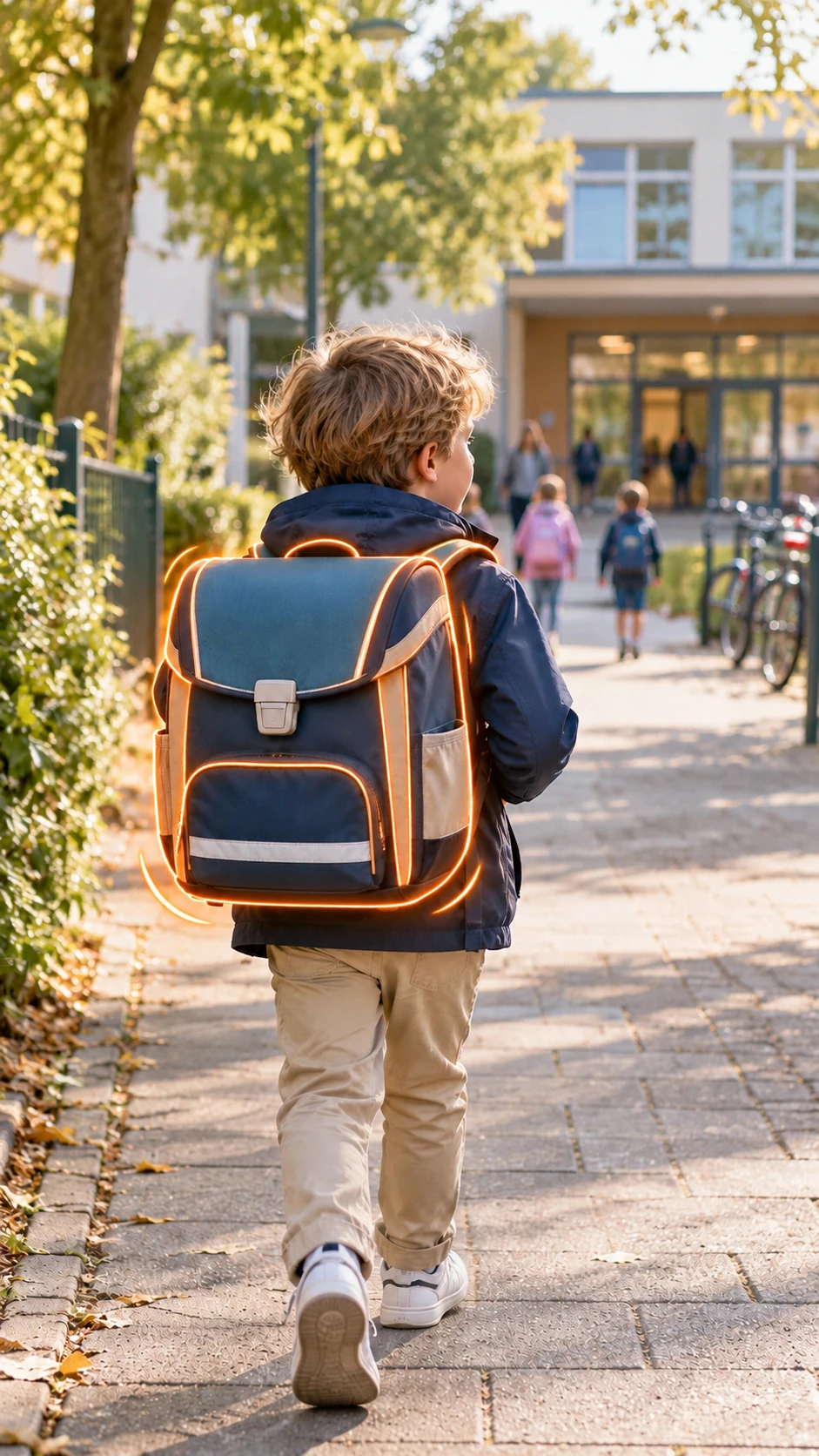 Grundschulkind mit Schulranzen auf dem Weg zur Schule