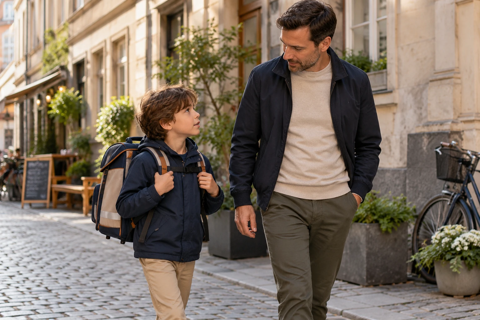 Vater und Kind mit Schulranzen gemeinsam auf dem Schulweg