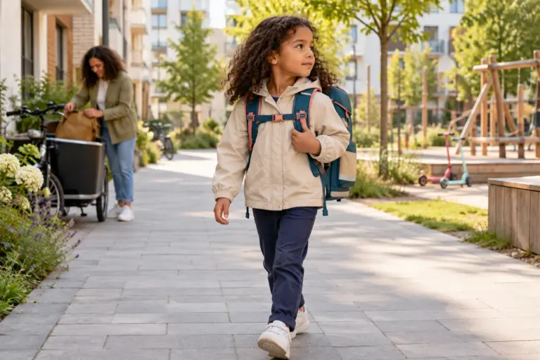 Mädchen mit Schulranzen im modernen Wohnviertel – Step by Step SPACE Review