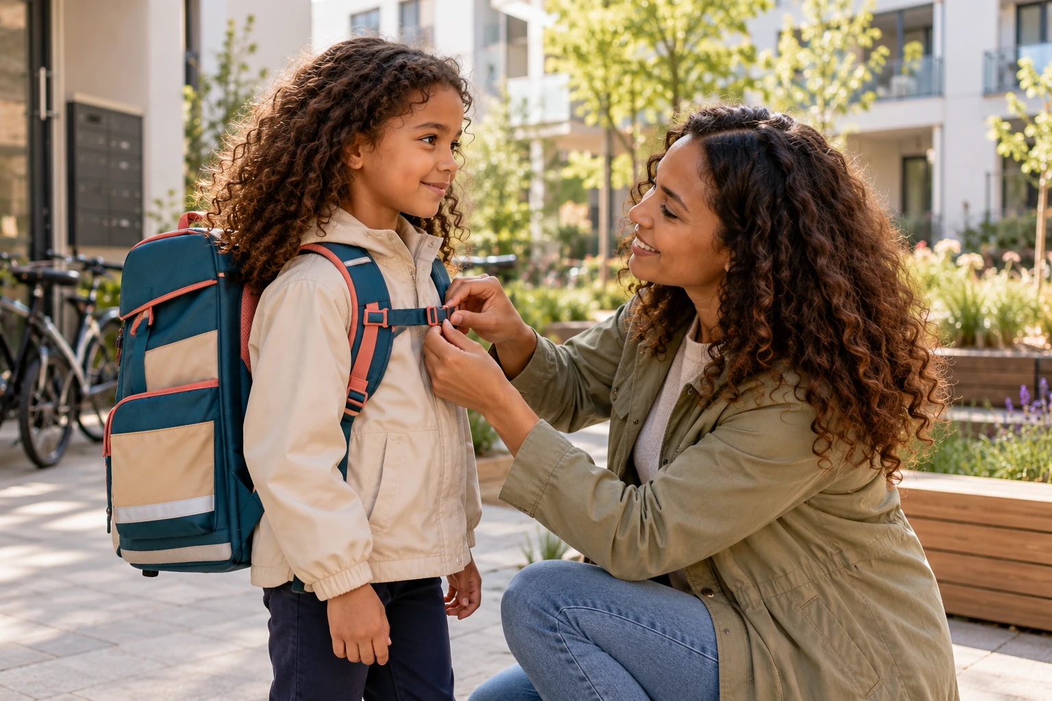 Mutter und Tochter mit Schulranzen im Familienalltag – Step by Step SPACE